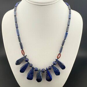 Lapis Lazuli & Coral Beaded Necklace With Hook Clasp 20" Statement Bib Jewelry H